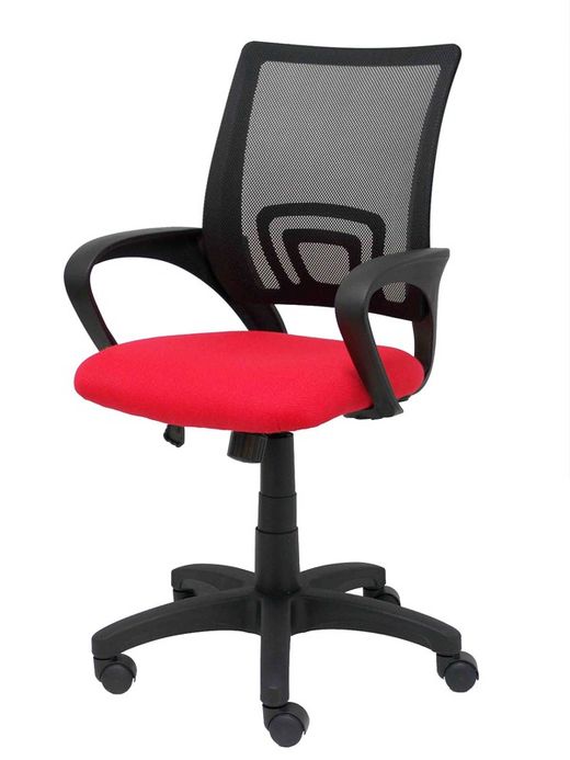 Modelo Vianos - Silla de oficina ergonómica con mecanismo basculante y regulable en altura - Respaldo de malla en color negro y asiento tapizado en tejido bali color rojo