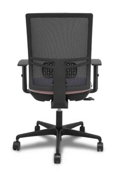 Modelo Yunquera - Silla de oficina ergonómica con mecanismo sincro, brazos regulables y ajustable en altura - Respaldo de malla transpirable en color negro y asiento tapizados en tejido BALI color rosa.
