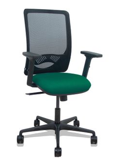Modelo Zulema - Silla de oficina ergonómica con mecanismo sincro, brazos 2D- Respaldo de malla transpirable en color negro y asiento tapizados en tejido BALI color verde botella. Ruedas de nailon de 65mm