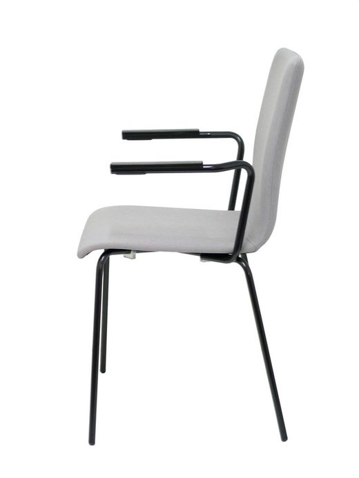 NOWYSTYL - Modelo Cafe VII.  Pack de 4 sillas confidentes ergonómica, apilable, multiusos y estructura en color negro con brazos. Asiento y respaldo tapizados en tejido era color gris.