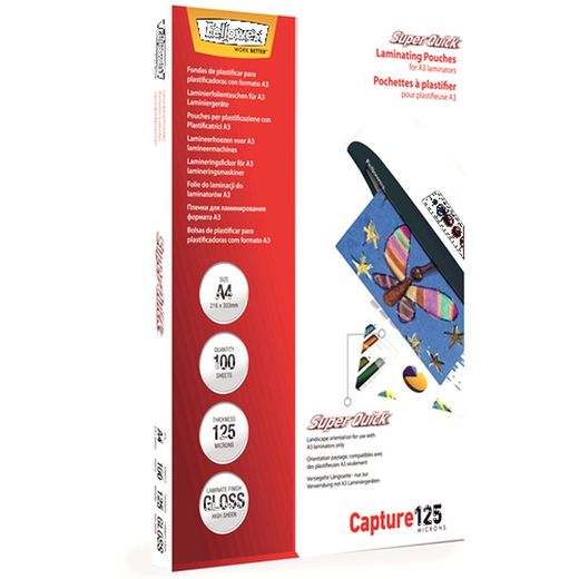 Pack 100 Laminating Sleeves 125 microns Gloss A4 High Speed