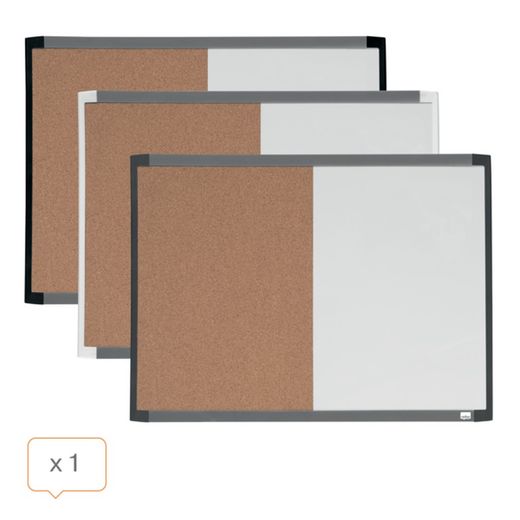 Pizarra magnética y tablero de noticias corcho (división vertical) NOBO 585X430 mm, marco colores surtidos (blanco, gris o negro)
