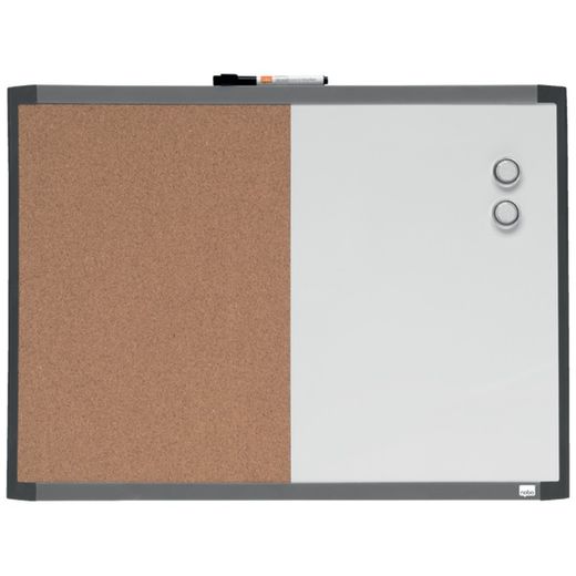 Pizarra magnética y tablero de noticias corcho (división vertical) NOBO 585X430 mm, marco colores surtidos (blanco, gris o negro)