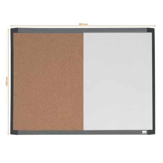 Pizarra magnética y tablero de noticias corcho (división vertical) NOBO 585X430 mm, marco colores surtidos (blanco, gris o negro)