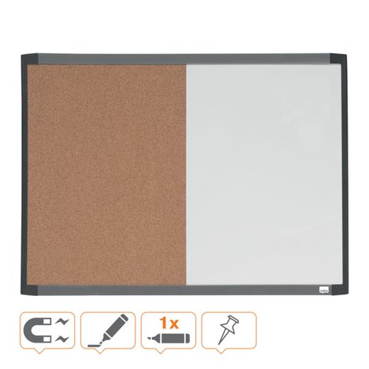 Pizarra magnética y tablero de noticias corcho (división vertical) NOBO 585X430 mm, marco colores surtidos (blanco, gris o negro)