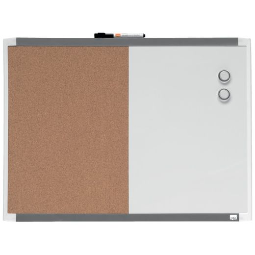 Pizarra magnética y tablero de noticias corcho (división vertical) NOBO 585X430 mm, marco colores surtidos (blanco, gris o negro)