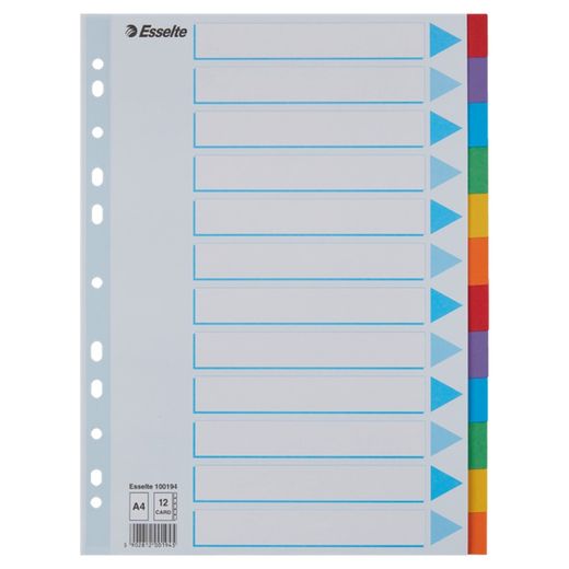 Afstandhouders met meerdere gaten. DINA4. Indexkaart in kleur. Kartonnen tabbladen van 200 g. 1-12, veelkleurig