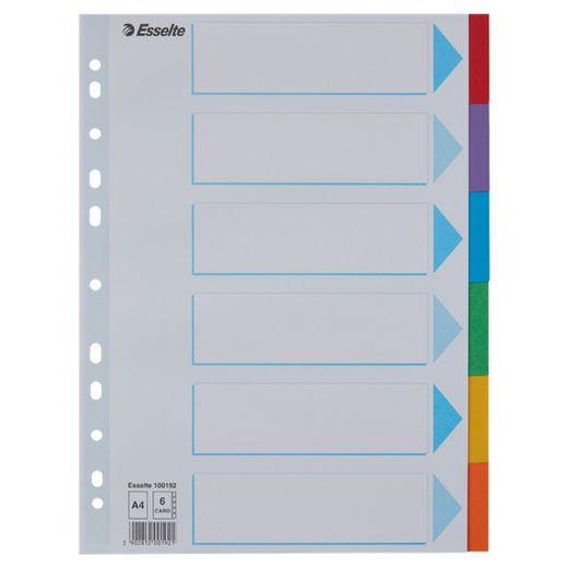 Afstandhouders met meerdere gaten. DINA4. Indexkaart in kleur. Kartonnen tabbladen van 200 g. 1-6, veelkleurig