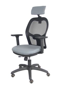Silla con sistema traslack con malla negra y asiento bali gris con brazos 3D, cabecero regulable