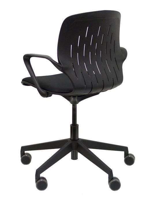Silla de oficina ergonómica con mecanismo giratorio, regulable en altura - Respaldo en PVC y asiento tapizado en tejido focus color negro.