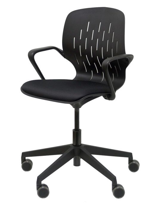 Silla de oficina ergonómica con mecanismo giratorio, regulable en altura - Respaldo en PVC y asiento tapizado en tejido focus color negro.