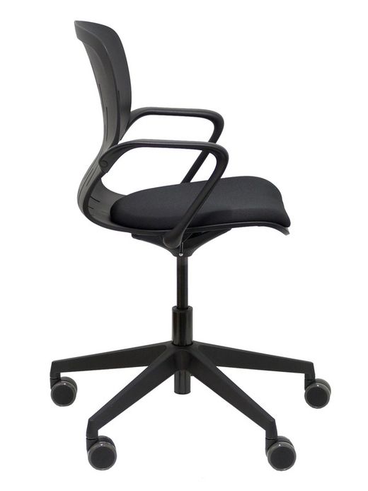 Silla de oficina ergonómica con mecanismo giratorio, regulable en altura - Respaldo en PVC y asiento tapizado en tejido focus color negro.