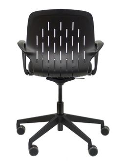 Silla de oficina ergonómica con mecanismo giratorio, regulable en altura - Respaldo en PVC y asiento tapizado en tejido focus color negro.