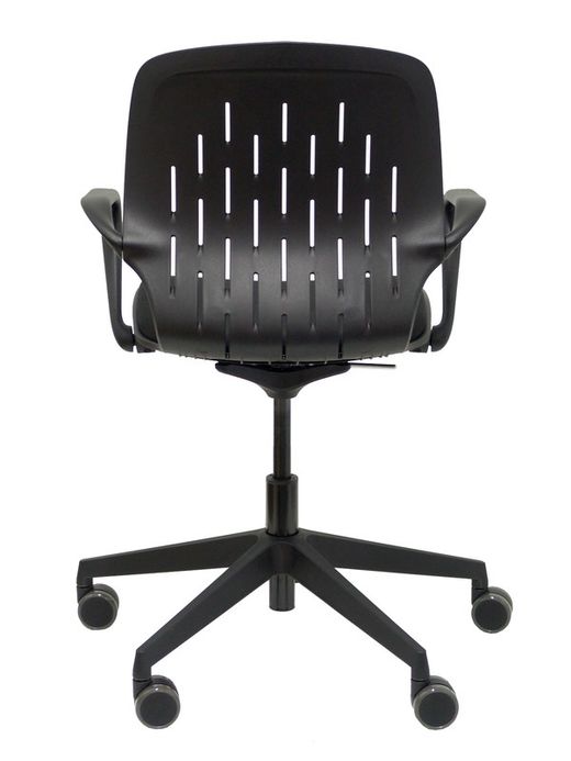 Silla de oficina ergonómica con mecanismo giratorio, regulable en altura - Respaldo en PVC y asiento tapizado en tejido focus color negro.