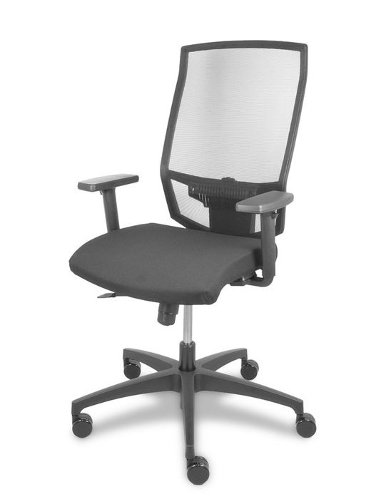Silla de oficina ergonómica con mecanismo sincro con traslack, regulable en altura - Respaldo de malla y asiento tapizado en tejido polo color negro. Brazos regulables.