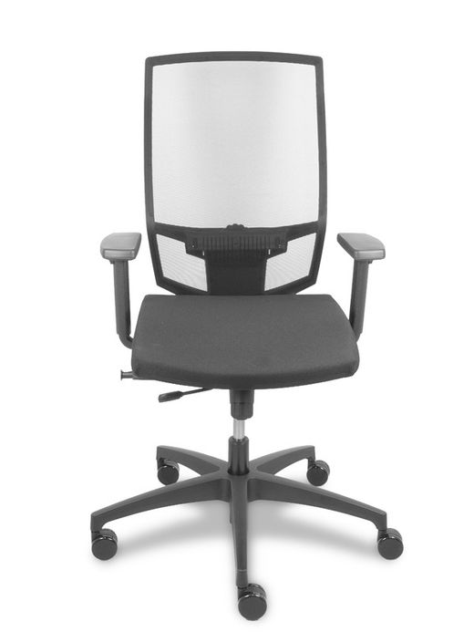 Silla de oficina ergonómica con mecanismo sincro con traslack, regulable en altura - Respaldo de malla y asiento tapizado en tejido polo color negro. Brazos regulables.