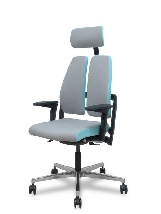 Silla de oficina ergonómica, de alto diseño, con mecanismo X-MOVE en el respaldo, asiento tapizado en tejido era color gris combiando con azul y brazos regulables 4D.