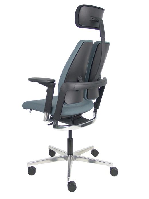 Silla de oficina ergonómica, de alto diseño, con mecanismo X-MOVE en el respaldo, con cabecero y asiento tapizado en tejido bondai color gris, brazos regulables 4D