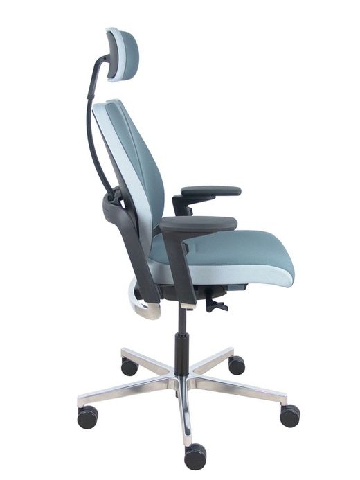 Silla de oficina ergonómica con mecanismo X-MOVE en el respaldo, con cabecero y asiento tapizado en tejido bondai color gris combinado, brazos regulables 4D
