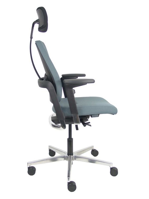 Silla de oficina ergonómica, de alto diseño, con mecanismo X-MOVE en el respaldo, con cabecero y asiento tapizado en tejido bondai color gris, brazos regulables 4D