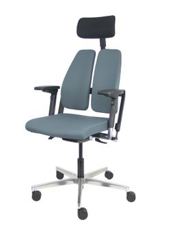 Silla de oficina ergonómica, de alto diseño, con mecanismo X-MOVE en el respaldo, con cabecero y asiento tapizado en tejido bondai color gris, brazos regulables 4D