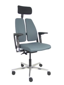 Silla de oficina ergonómica, de alto diseño, con mecanismo X-MOVE en el respaldo, con cabecero y asiento tapizado en tejido bondai color gris, brazos regulables 4D