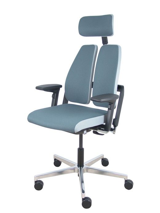 Silla de oficina ergonómica con mecanismo X-MOVE en el respaldo, con cabecero y asiento tapizado en tejido bondai color gris combinado, brazos regulables 4D
