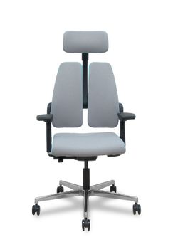 Silla de oficina ergonómica, de alto diseño, con mecanismo X-MOVE en el respaldo, asiento tapizado en tejido era color gris combiando con azul y brazos regulables 4D.