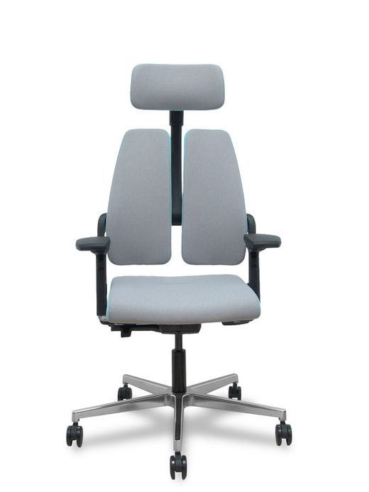 Silla de oficina ergonómica, de alto diseño, con mecanismo X-MOVE en el respaldo, asiento tapizado en tejido era color gris combiando con azul y brazos regulables 4D.