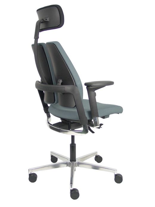 Silla de oficina ergonómica, de alto diseño, con mecanismo X-MOVE en el respaldo, con cabecero y asiento tapizado en tejido bondai color gris, brazos regulables 4D
