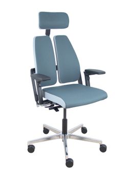 Silla de oficina ergonómica con mecanismo X-MOVE en el respaldo, con cabecero y asiento tapizado en tejido bondai color gris combinado, brazos regulables 4D