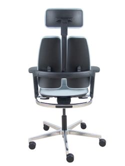 Silla de oficina ergonómica con mecanismo X-MOVE en el respaldo, con cabecero y asiento tapizado en tejido bondai color gris combinado, brazos regulables 4D