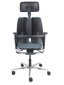 Silla de oficina ergonómica, de alto diseño, con mecanismo X-MOVE en el respaldo, con cabecero y asiento tapizado en tejido bondai color gris, brazos regulables 4D