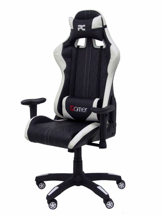 Silla Gaming con mecanismo basculante, regulable en altura y brazos regulables incluidos - Asiento y respaldo tapizados en SIMILPIEL negro y blanco