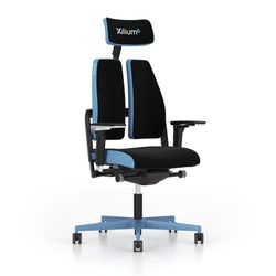 Silla gaming de alto diseño, con mecanismo X-MOVE en el respaldo, con laterales en color AZUL y brazos regulables XD.