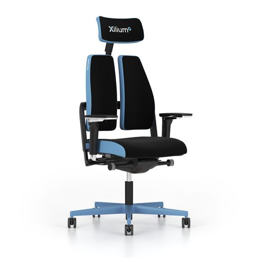 Silla gaming de alto diseño, con mecanismo X-MOVE en el respaldo, con laterales en color AZUL y brazos regulables XD.