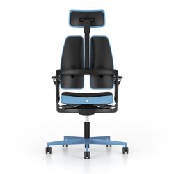 Silla gaming de alto diseño, con mecanismo X-MOVE en el respaldo, con laterales en color AZUL y brazos regulables XD.