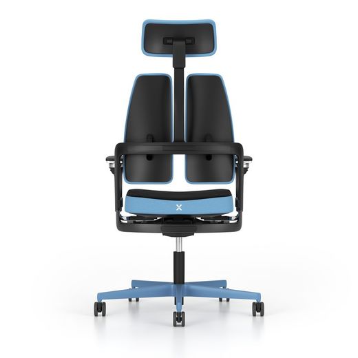 Silla gaming de alto diseño, con mecanismo X-MOVE en el respaldo, con laterales en color AZUL y brazos regulables XD.
